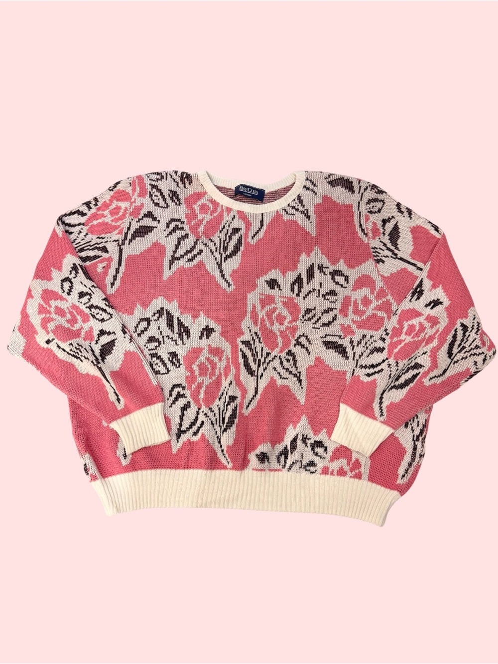 Vintage 90s Bay Club AOP Floral Knit Crewneck Sweater Cottagecore Pink XL